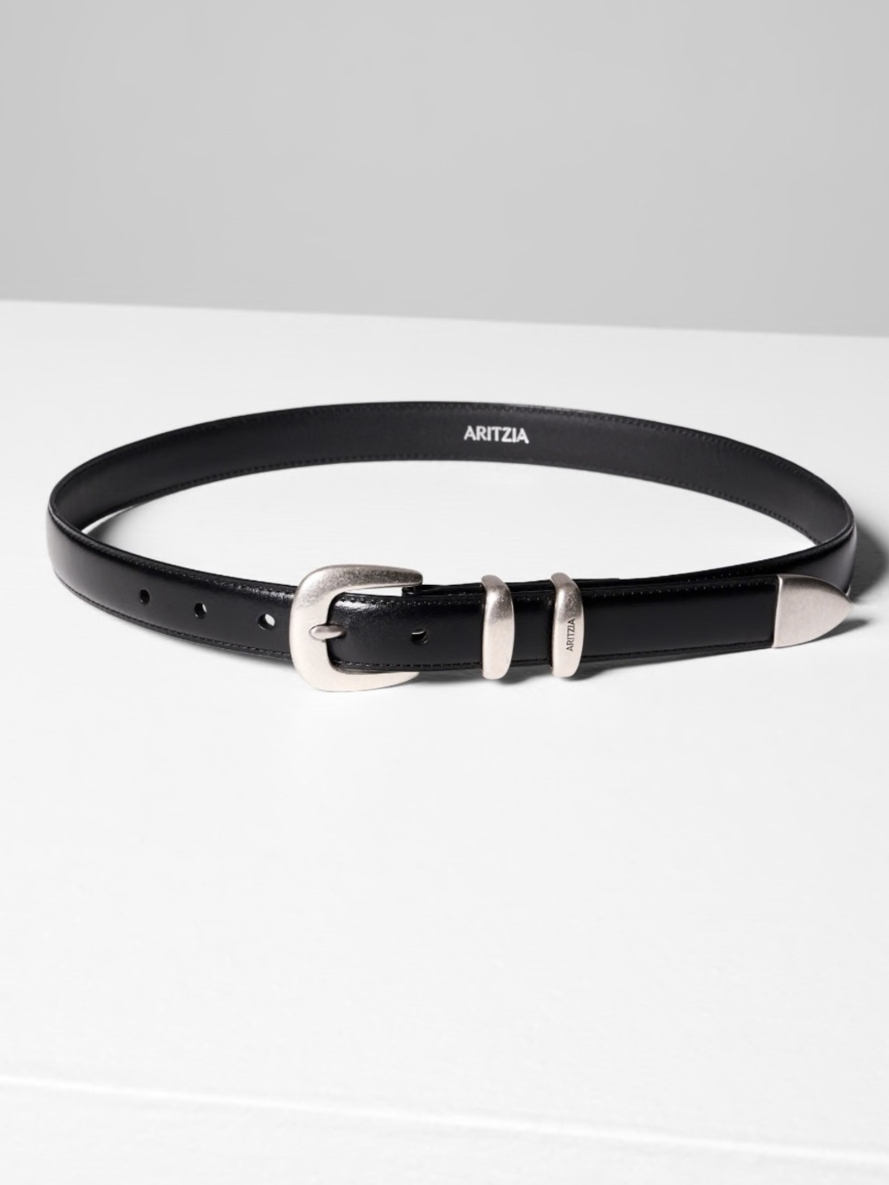 Aritzia Black Leather Belt with Brushed Silver Buckle
